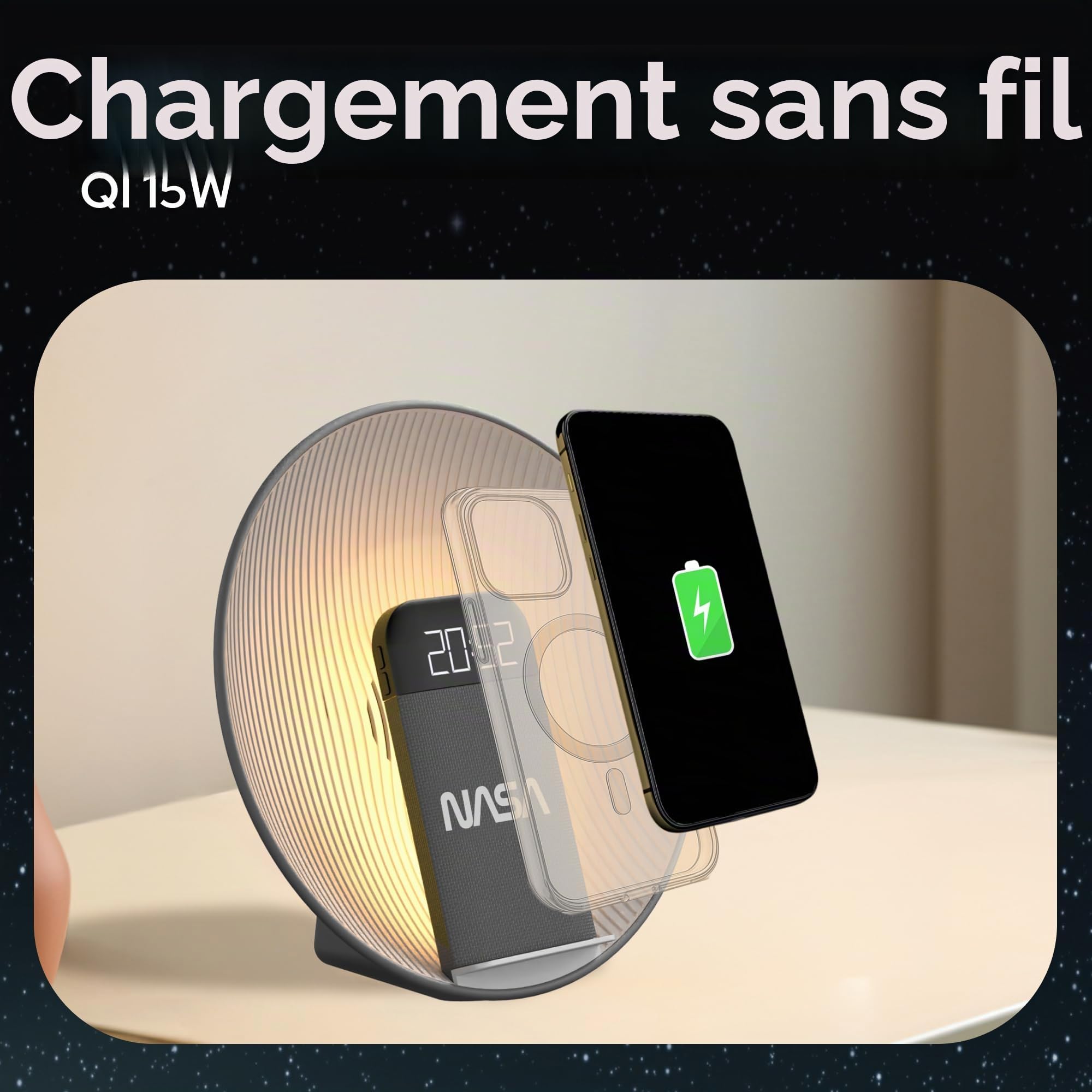 NASA SPC600 Réveil Bluetooth 5.3 avec Enceinte 5W RMS, Charge sans Fil Qi 15W, Double Alarme, LED Réveil 3000K, USB-C/USB-A, Design Gris