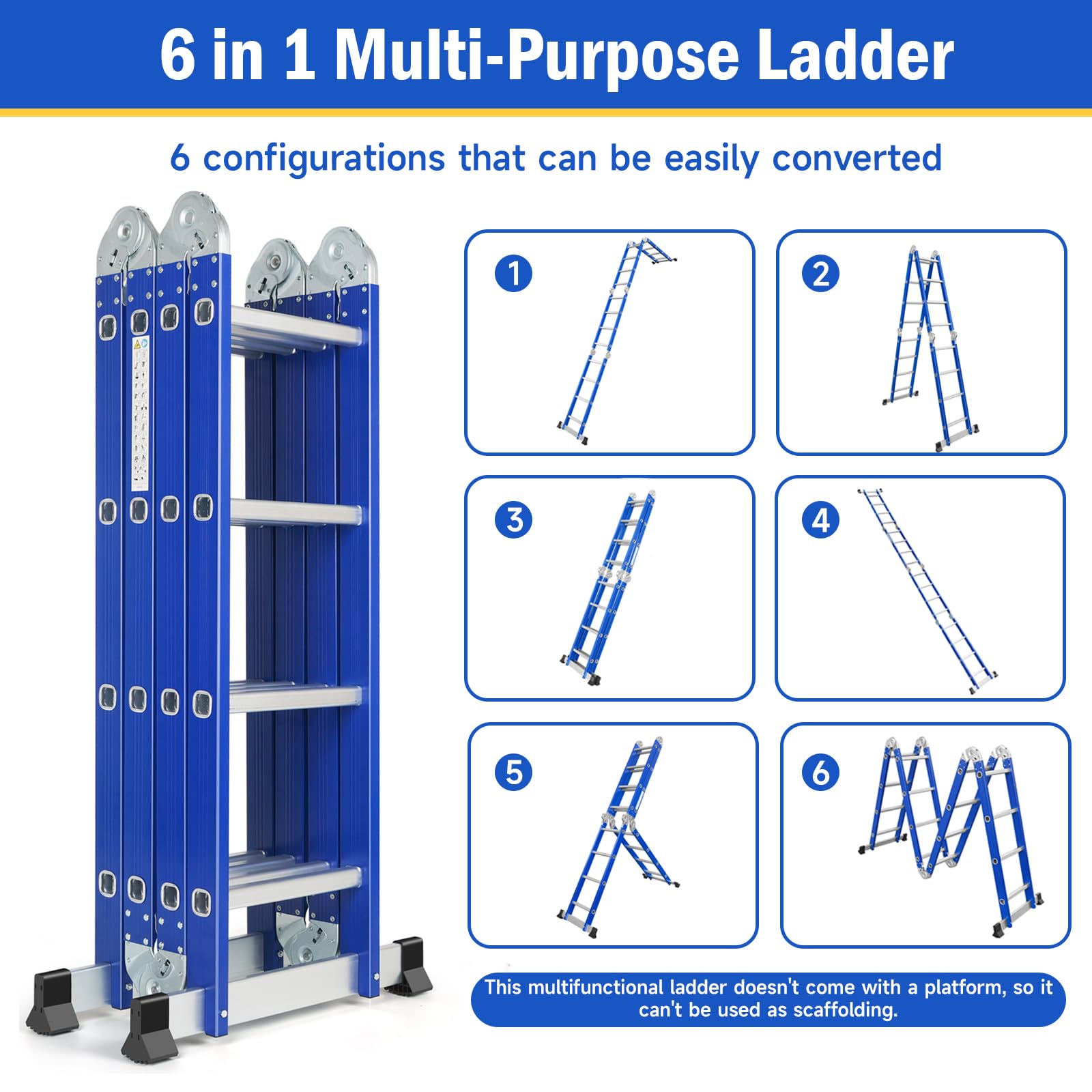 Échelle Multifonction en Aluminium 6 en 1 sans Plateforme Bleu | 4 x 4 Marches, Echelle Pliante 464 cm sans Plateforme, Échelle Polyvalente, Escabeau Pliable, Charge Maximale 150 kg