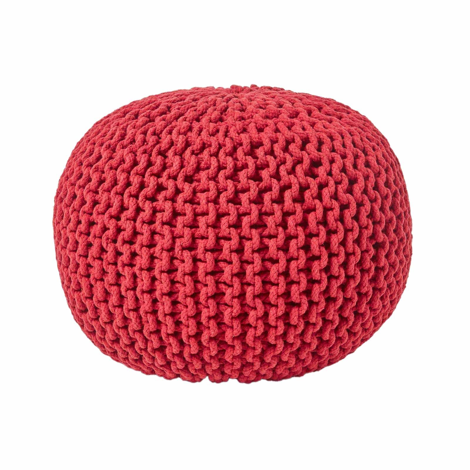 HOMESCAPES Red Knitted Pouffe Footstool Bean Filled 100% Cotton for Living Room Children or the Elderly