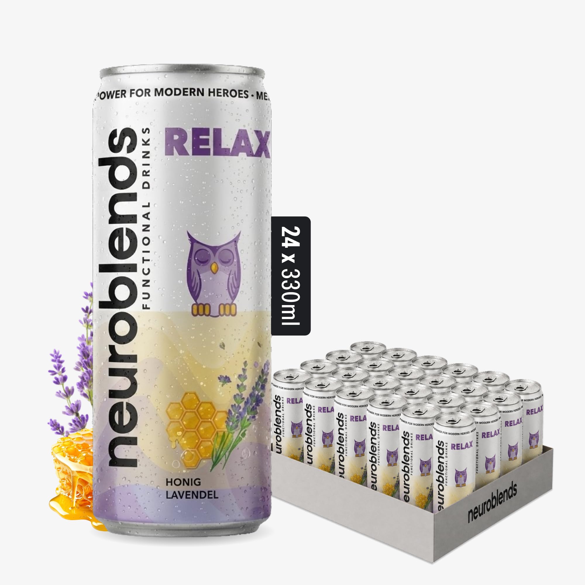 RELAX - Functional Relax Drink Honig-Lavendel I Mit GABA, Baldrianwurzel, Kamille & Magnesium I 0 Zucker & 0 Kalorien I Alkoholfreie Alternative zum Abschalten (24x 330ml)