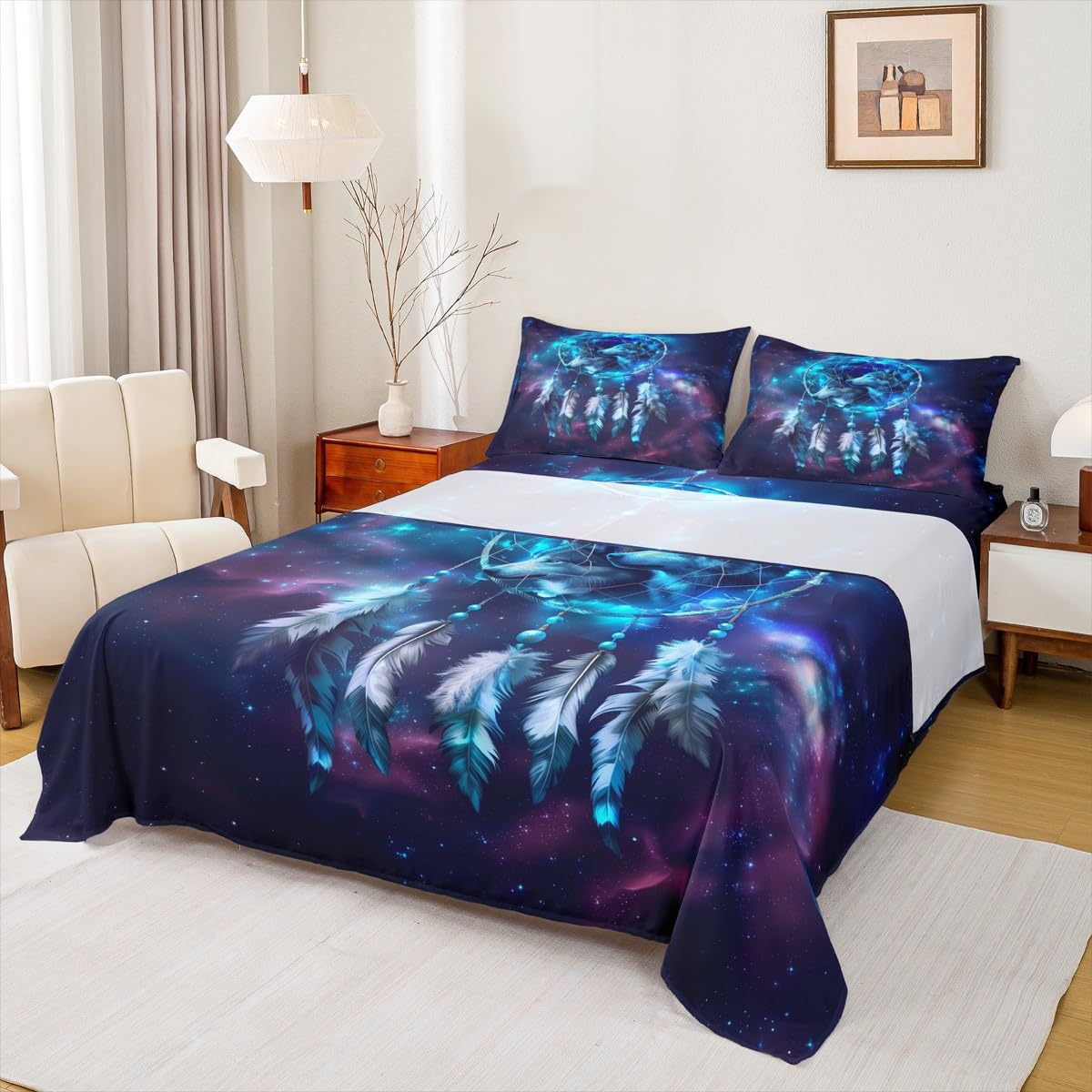 Wolf Dream Catcher Bed Sheets Twin Size,Starry Sky Galaxy Universe Bedding Set 3Pcs for Kids Teens Adult Room Decor,Wild Animal Fitted Sheet Vintage Tribal Style Top Flat Sheet,1 Pillowcase