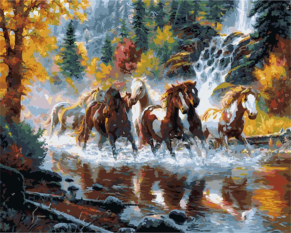 CaptainCrafts Paint by Numbers for Adults, Paint by Numbers DIY Oil Painting Linen Canvas 16x20 Inch Wall Art House Decor Gifts (Frameless, Horses in The Water)