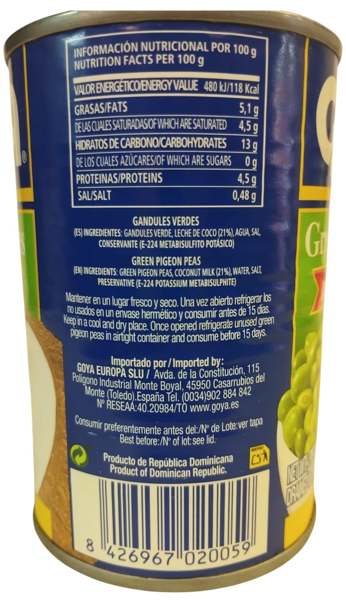 Goya Gandules Verdes con Coco 425 Gramos