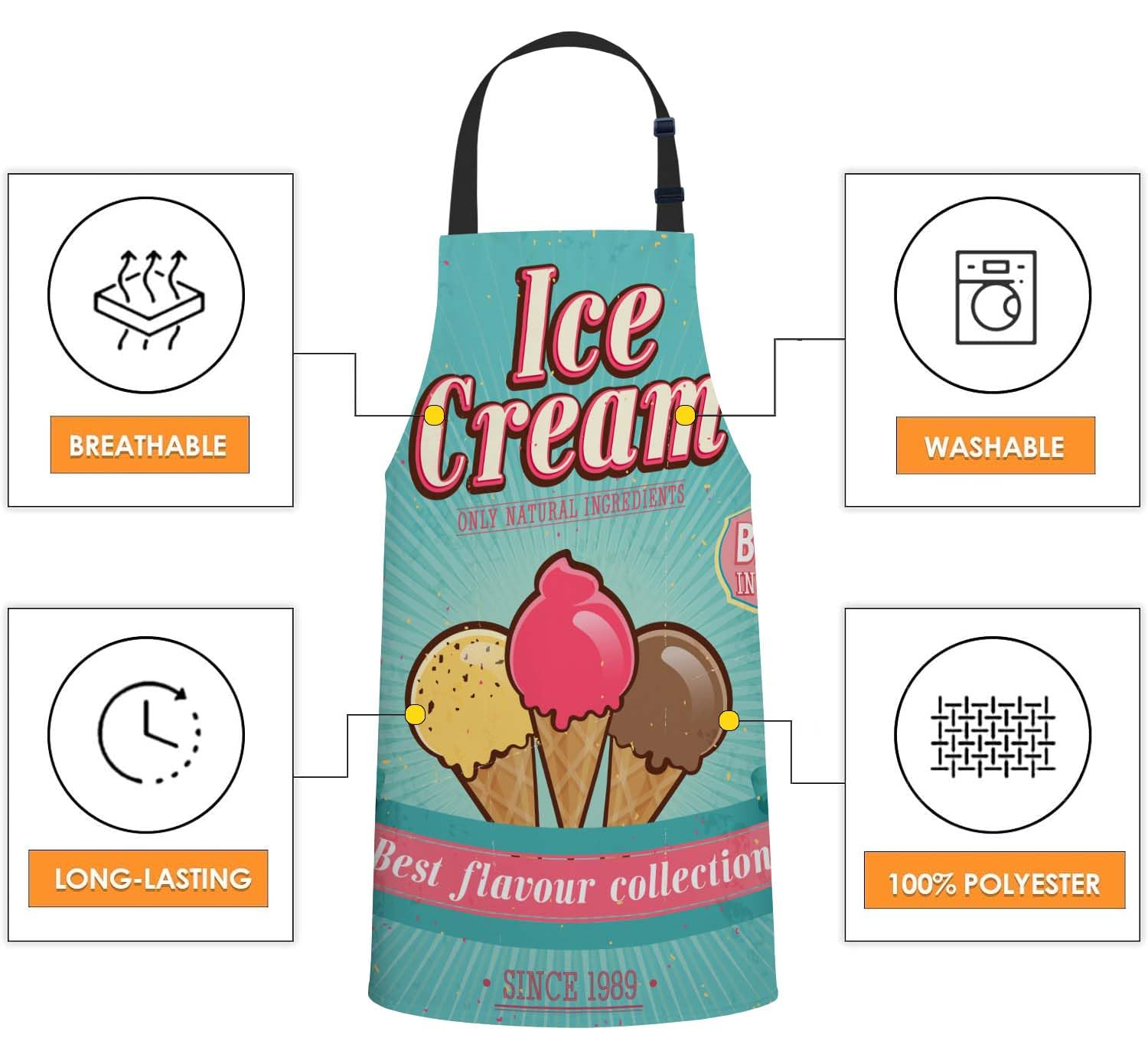 Smooffly Vintage Ice Cream Poster design Apron Unisex Adjustable Bib Apron Cooking Kitchen Chef Women Men Aprons for Home Kitchen Restaurant,Coffee House,Shop,Garden - Image 4