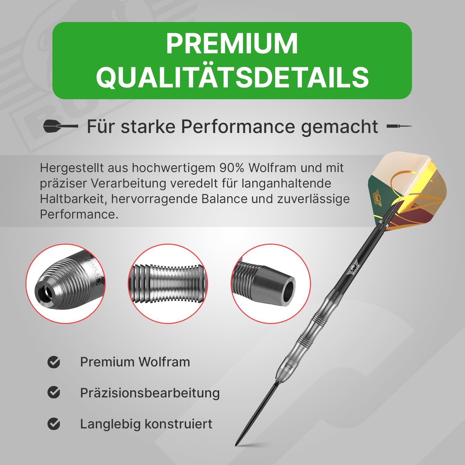 Bull's Prime Curved 90% Tungsten Dart Barrels für engere Gruppierungen - Ergonomisches Curved Design mit Präzisions-Ring Grip, Steeldart Barrels - 50 mm, 22g 23g 24g, 3er Barrel Set