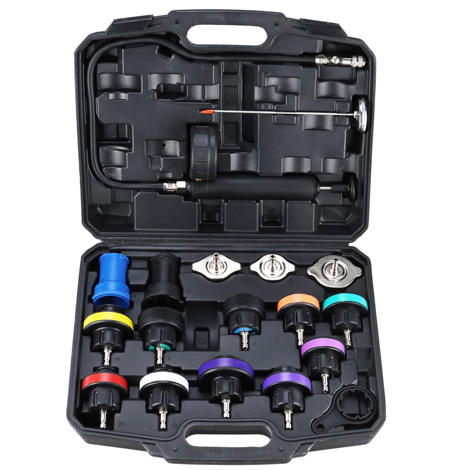 FreeTec 18 pzas Probador Presion Radiador, Universal Probador Presion Circuito Refrigeración, Kit Comprobador de Fugas Liquido Refrigerante, Herramientas Radiador Coche con Bomba Adaptador