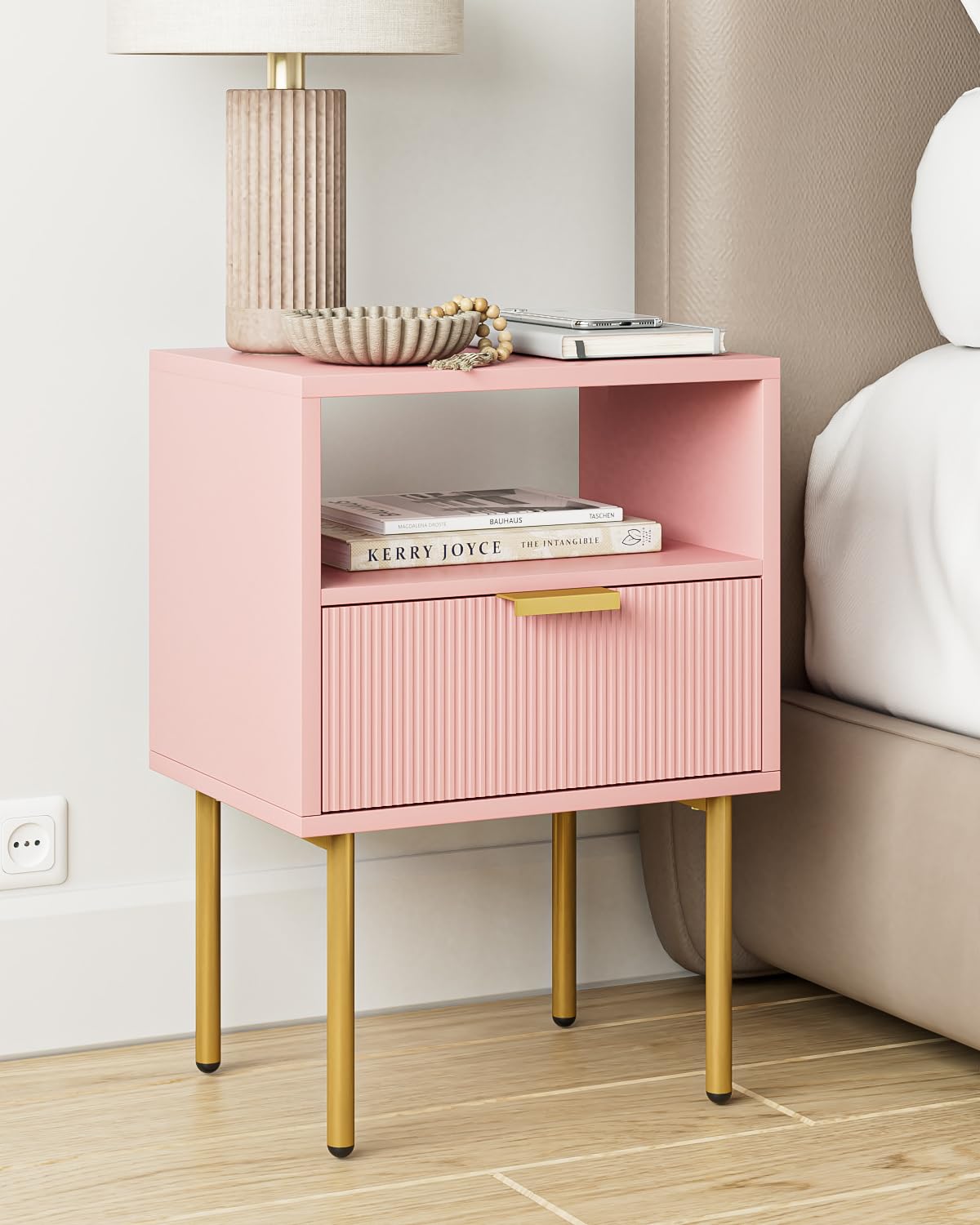 Nightstand,Modern Bedside Table with Gold Frame,Pink Night Stand,Bedside Furniture,Small Side Table with Drawer and Shelf for Bedroom,Living Room (Modern-Stripe, Pink)