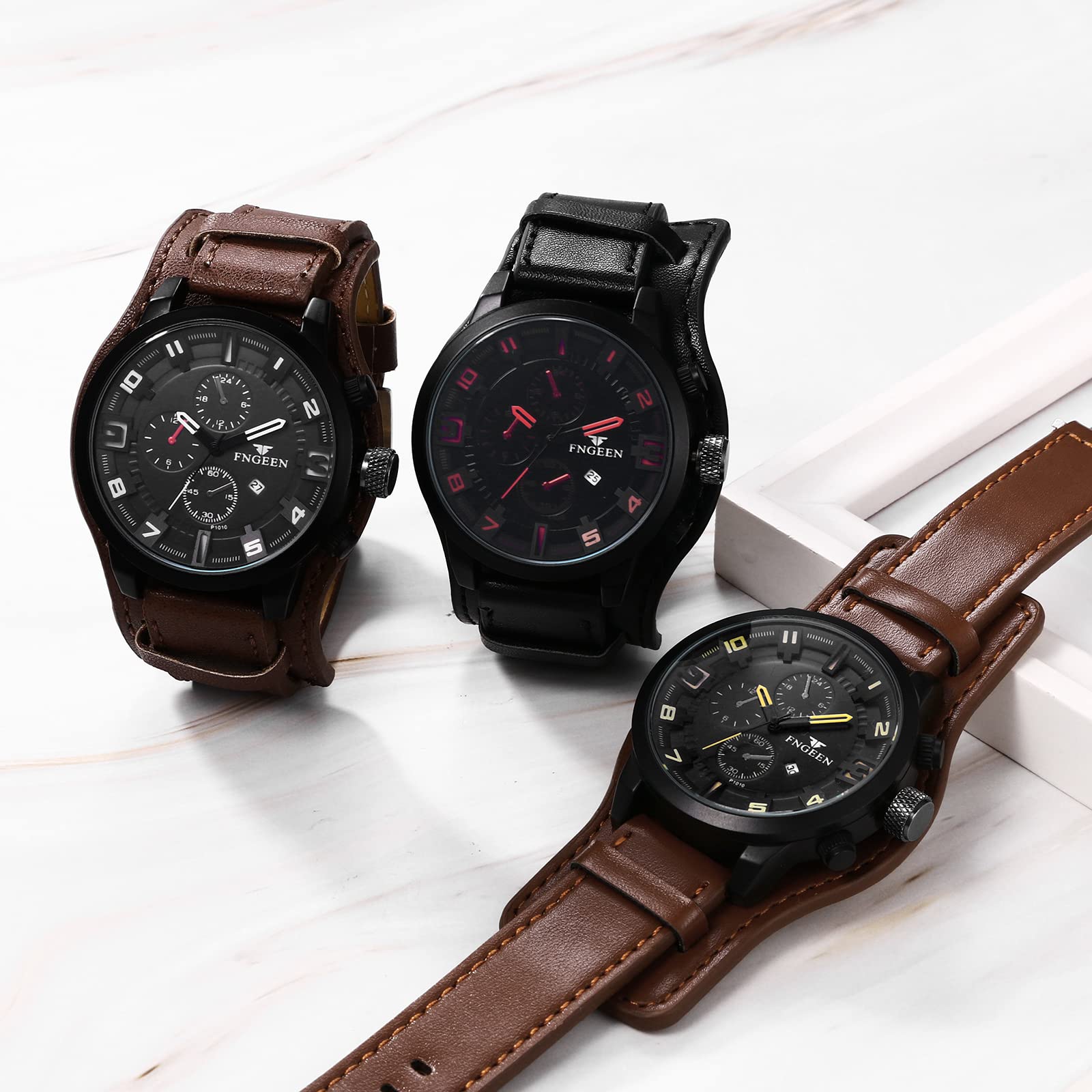 JewelryWe Herrenuhr Analog Quarz Datum Kalender Punk Militärische Armbanduhr Herren 30m wasserdichte Militär Sport Uhr mit Echtleder Leder Armband