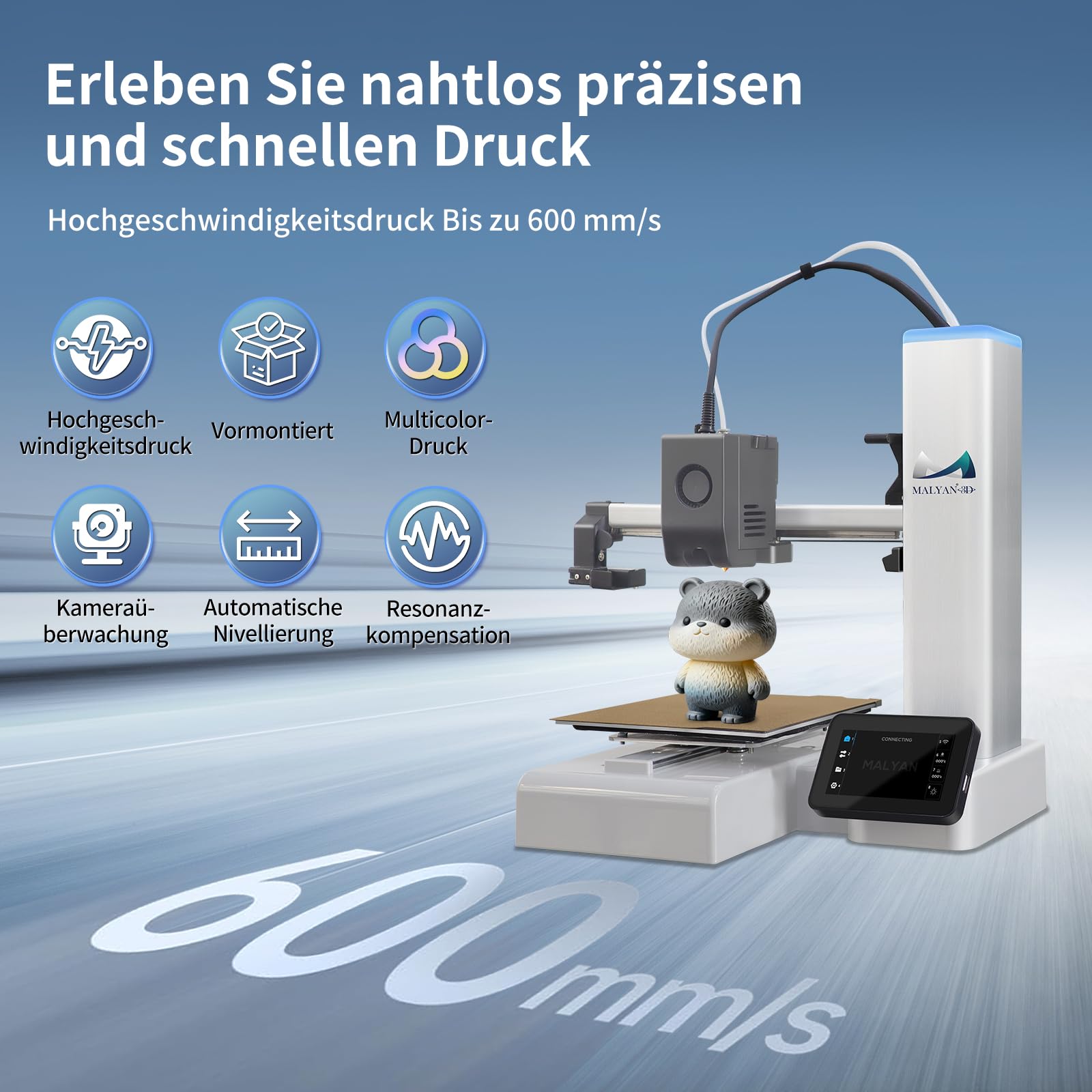 MALYAN M200 Ultra 3D Drucker, Max 600mm/s Hochgeschwindigkeits Drucker mit Full-Auto Leveling Out of The Box, KI-Überwachung mit Kamera, Schnellwechseldüse + PEI-Platte, Druckgröße 180x180x180mm
