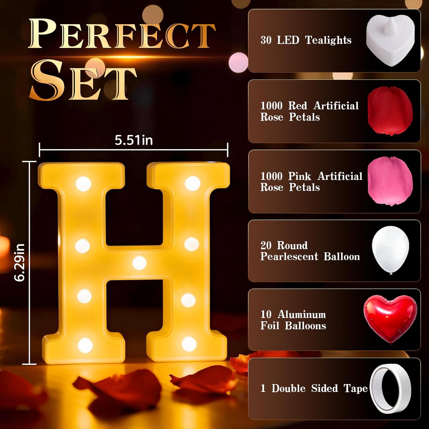 Happy Birthday Light up Letters, Include Tea Lights Candles, Latex Balloons, Aluminum Balloons and Rose Petals, Special Festival, Surprise Gifts for Women and Men