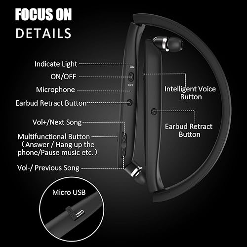 Miniatura 3 de RoomyRoc Auriculares Bluetooth, auriculares inalámbricos con banda para el cuello que evocan Siri y Bixby con auriculares retráctiles, deportivos a