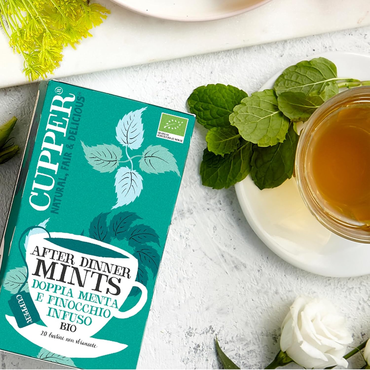CUPPER After Dinner Mints Infuso Biologico con Doppia Menta e Finocchio, Tisana con Ingredienti Naturali Digestivo Dopo Pasto, Gusto Speziato, Filtri 100% Biodegradabili, Confezione da 20 Bustine 20 Unità (Confezione da 1) After Dinner Mints - Immagine 3