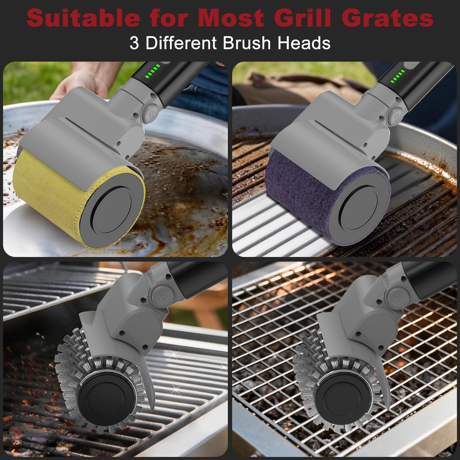 Electric Grill Brush, Rechargeable USB BBQ Grill Cleaner with 3-Speed & 3 Heads, 150+ Min Runtime, Waterproof & Heat Resistant, Cordless Rotary Grill Brush for Outdoor Barbecue Grates