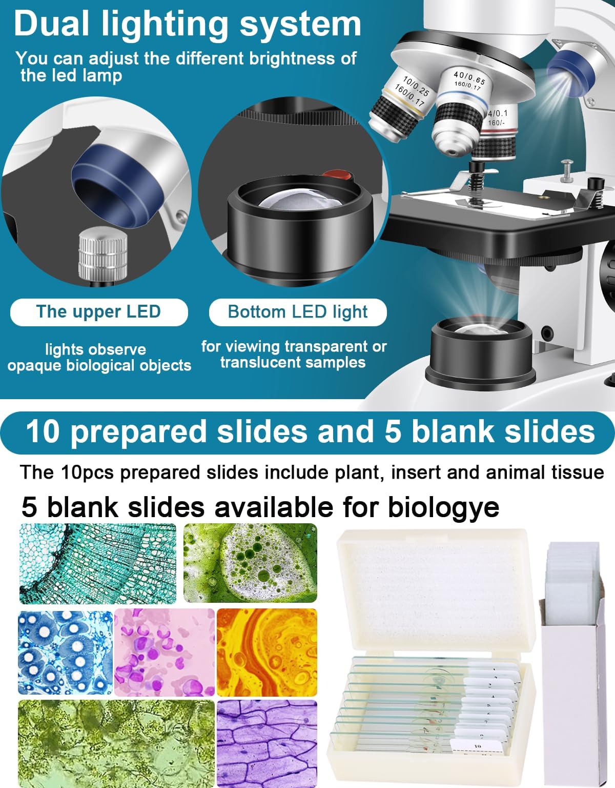 Microscopio para adultos WF10x y WF25x, cámara USB de aumento de 40X-2000X, microscopio para adultos, adecuado para laboratorio, escuela, educación en el hogar (microscopio blanco)