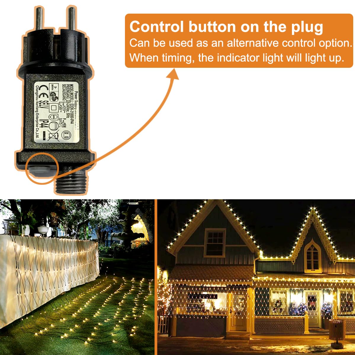 Ollny buitenverlichting 3x2m, 200 LED buitenverlichtingsketting warm wit met afstandsbediening en timer, waterdichte binnenverlichting met 8 standen voor struiken, tuin, balkon