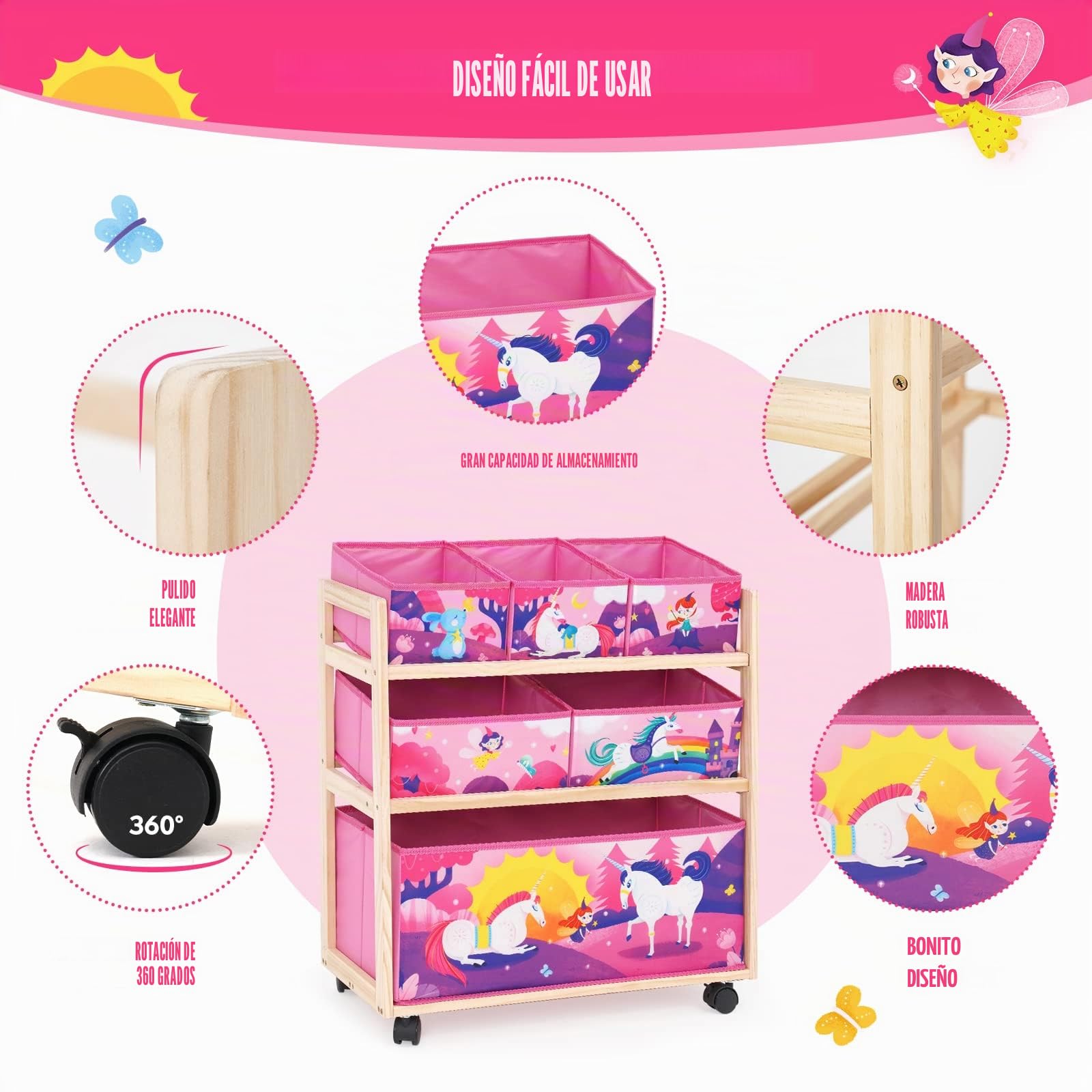 Organizador de juguetes para niños con ruedas y 6 recipientes de almacenamiento de gran capacidad para guardar juguetes para habitación de niños, habitación de niñas