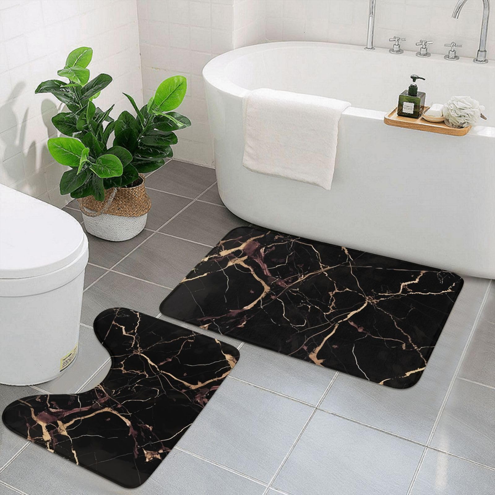 Tapis de bain marbre noir et doré Lot de 2 absorbants