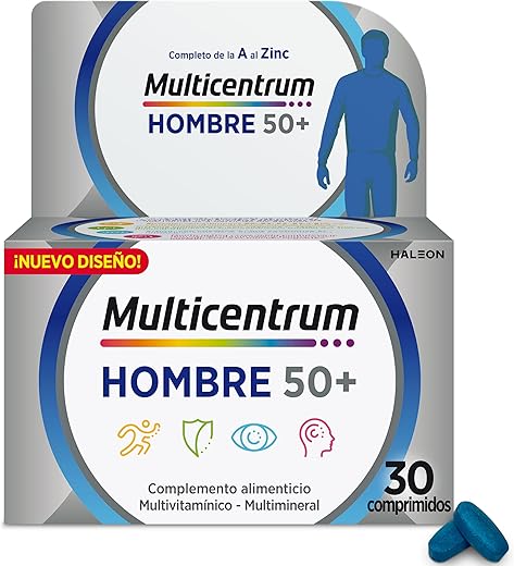 Multicentrum Hombre 50+ Complemento Alimenticio Multivitaminas Para Hombres 50+, Alto Contenido en Vitamina D, Sin Glúten, 30 Comprimidos