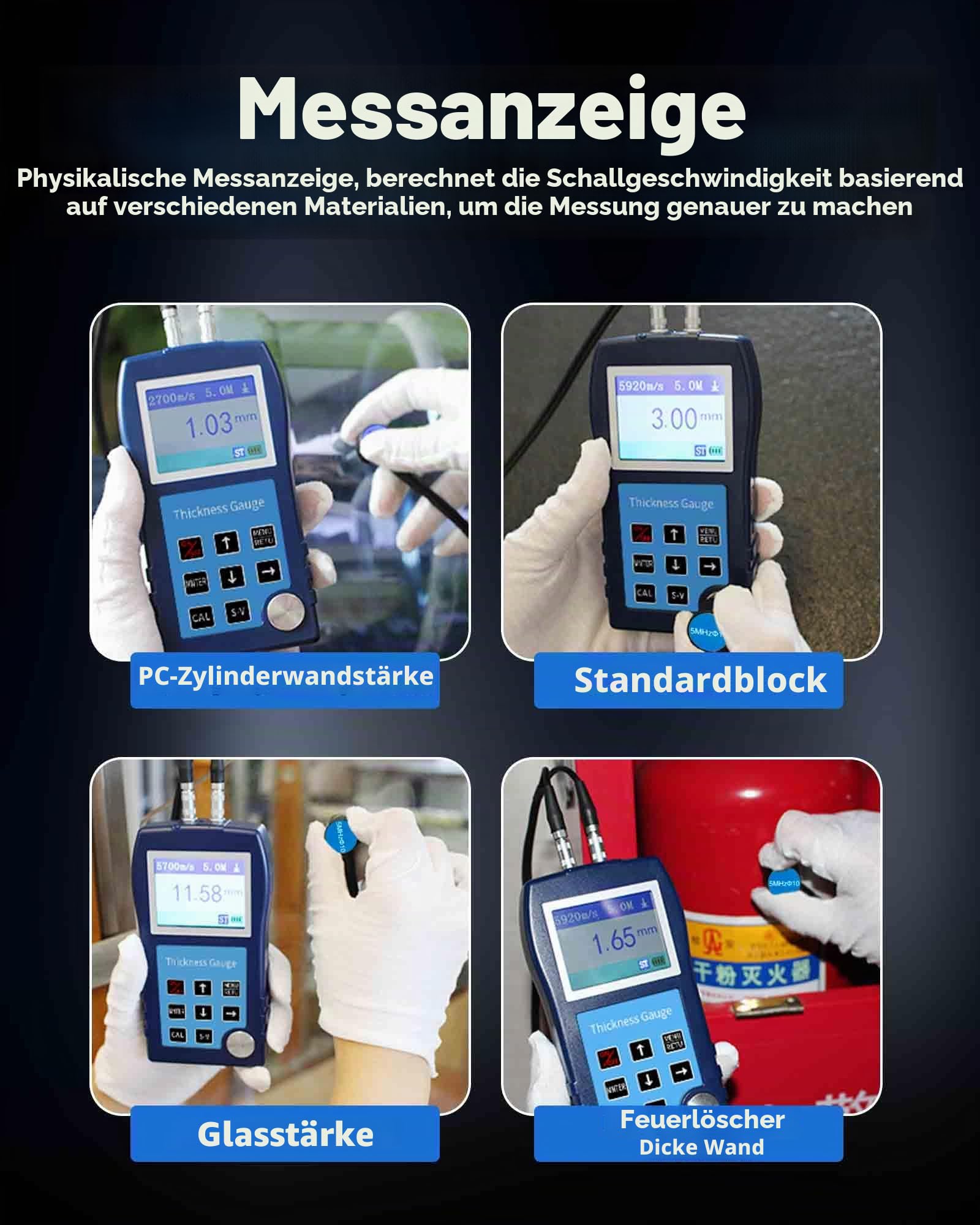 Ultraschall-Dickenmessgerät DR83S 0,9–300 mm, 2.3" Farbdisplay, Genauigkeit 0,1 mm, Thickness Gauge Meter für Metall/Kunststoff/Stahl/Glas, Datenspeicher für 2000 Gruppen, Kein Haftvermittler
