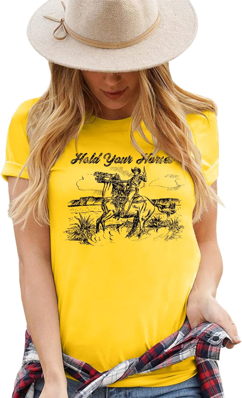 Hold Your Horses T-Shirts Women Vintage Tees Cowboy Funny Graphic Tops Western Retro Young Blouse