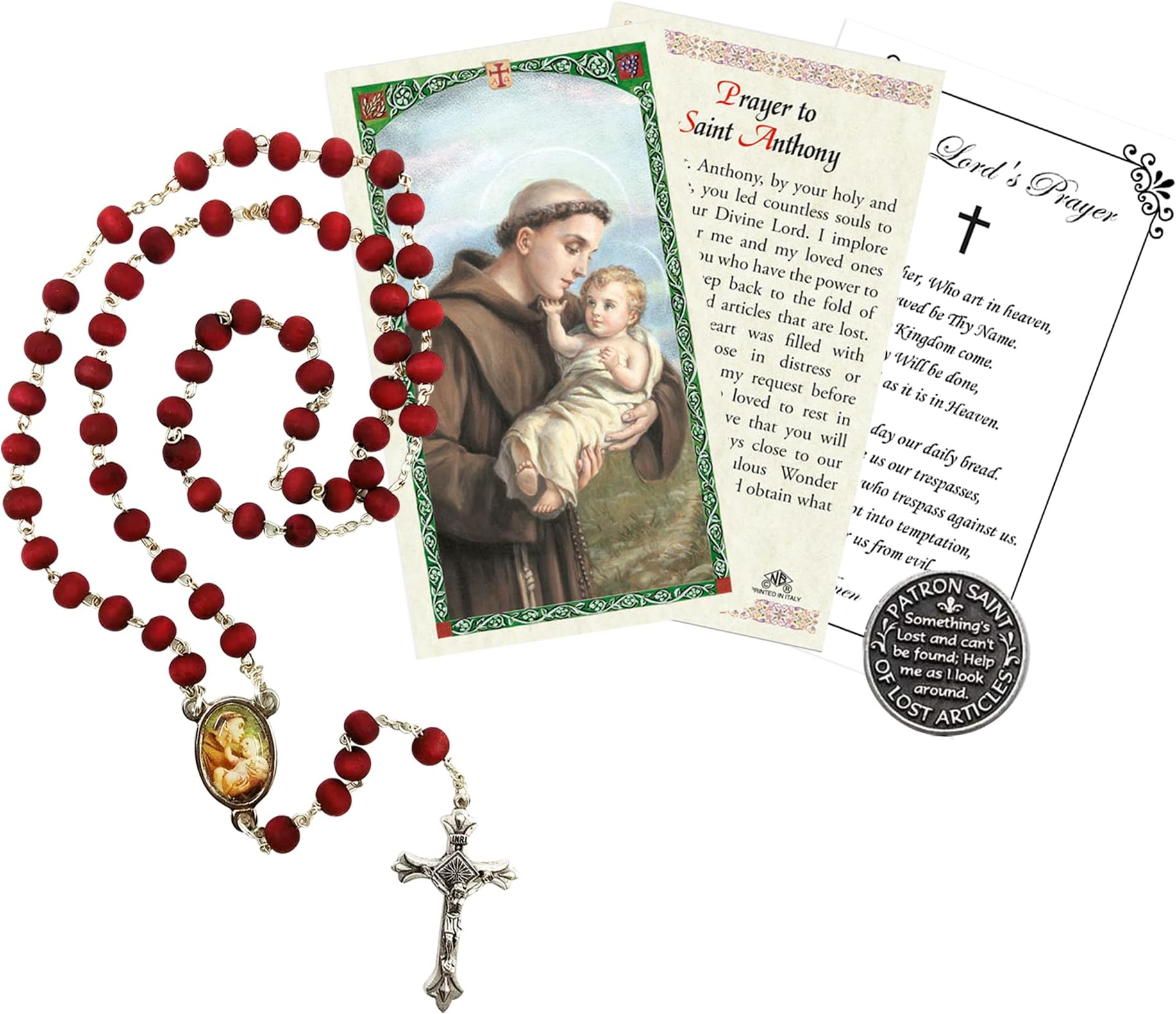 Trendzeen St Anthony Rosary - with Laminated Prayer Card, Saint Anthony of Padua Pocket Token, The Lord's Prayer Card and Rosary Case - Catholic Patron Saint of Lost Things - Total 5 Items in Set