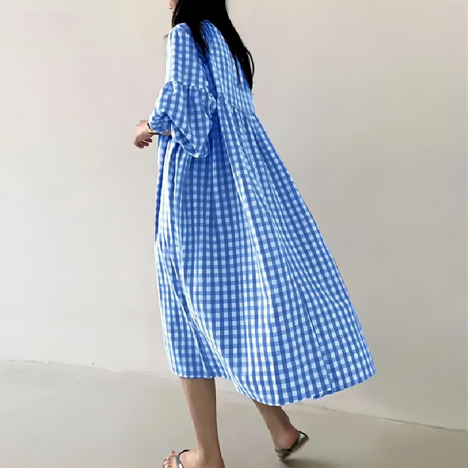 chouyatou Women's Loose Fit Retro Plaid Dress Lantern Puff Sleeve Gingham Swing Midi Long Tunic Shift Dress - Image 2