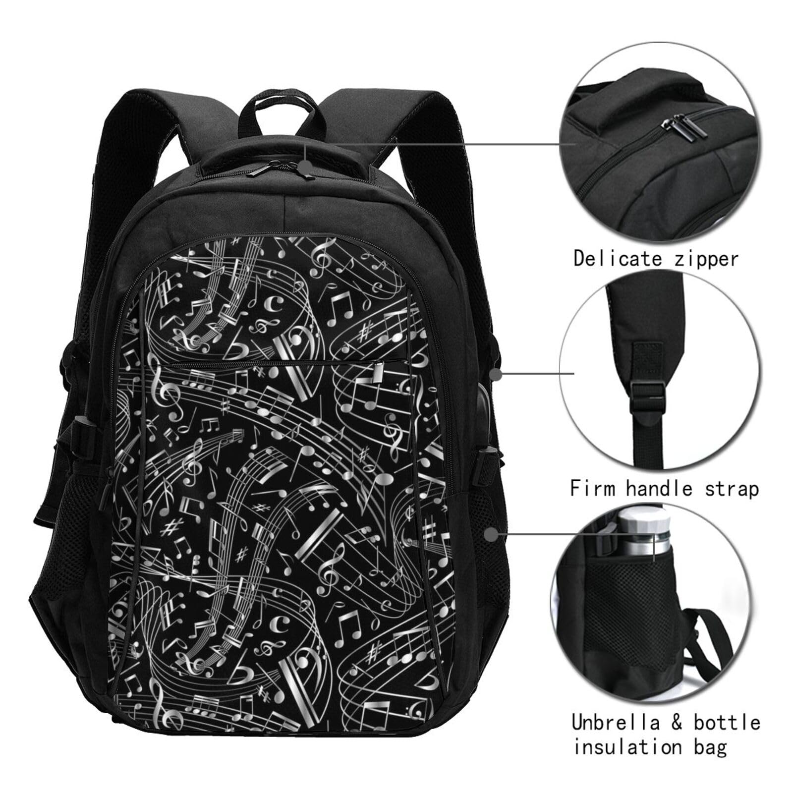 InOmak Schwarze Musiknoten, Reiserucksack, Freizeitrucksack, Schulrucksack, Laptop-Rucksack für Damen und Herren