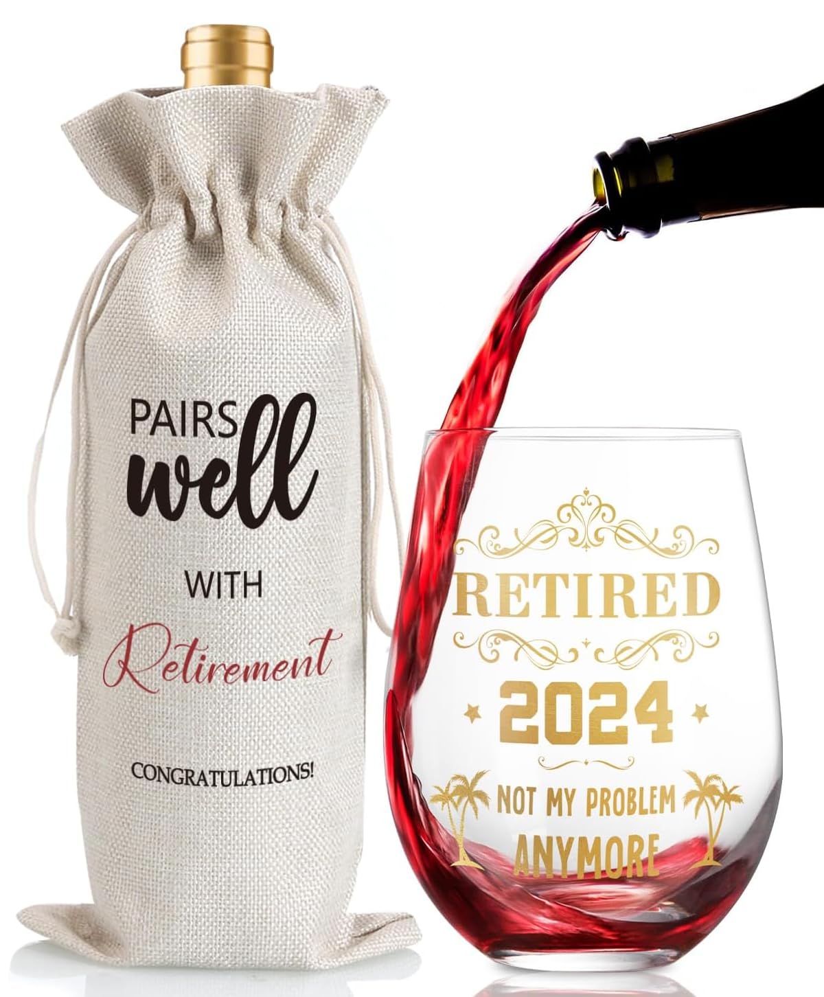 Retirement Gifts for Women Men- Retired 2025 Not My Problem Anymore Happy Retirement Gifts for Her Him Colleague Leader Boss Teacher Friend Nurse Coworker Retirement Wine Glass & Bottle Gift Bag Set