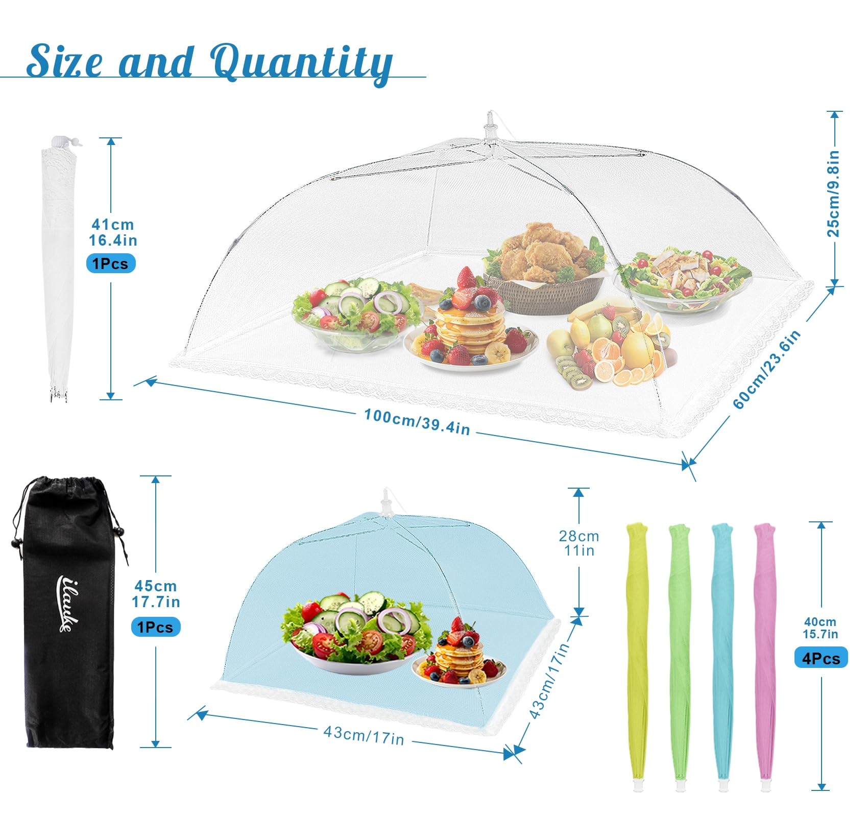 ilauke Confezione da 5 coperture per alimenti in rete, 100 x 60 cm e 43 x 43 cm, rete alimentare pieghevole riutilizzabile per proteggere da mosche e zanzare (bianco e colorato)