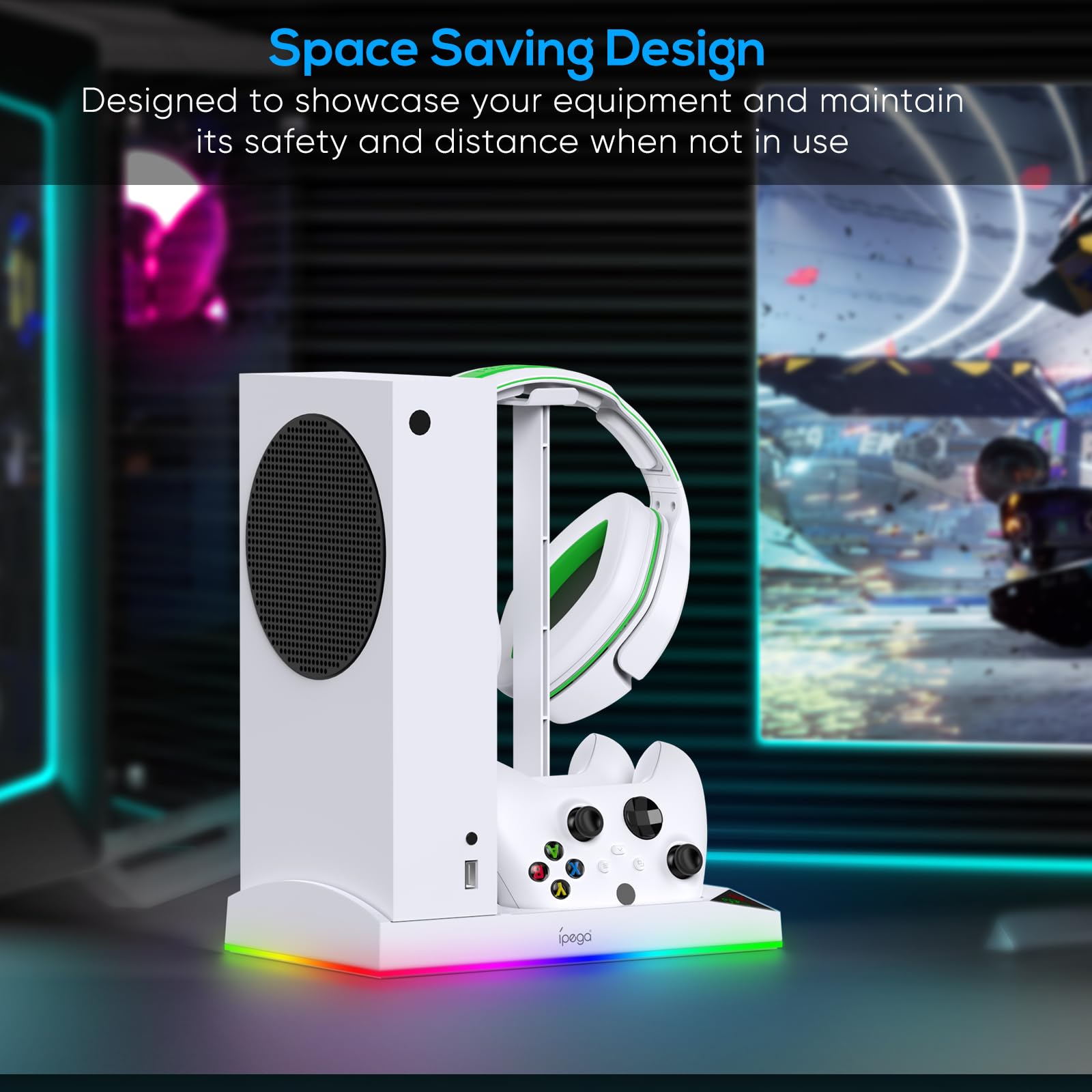 Gorixer Station de Charge pour Xbox Series S avec Ventilateur de Refroidissement, Batterie 2x1400 Mah pour Contrôleur, Accessoires avec 15 Modes d'éclairage LED, Crochet pour Casque, câble USB C