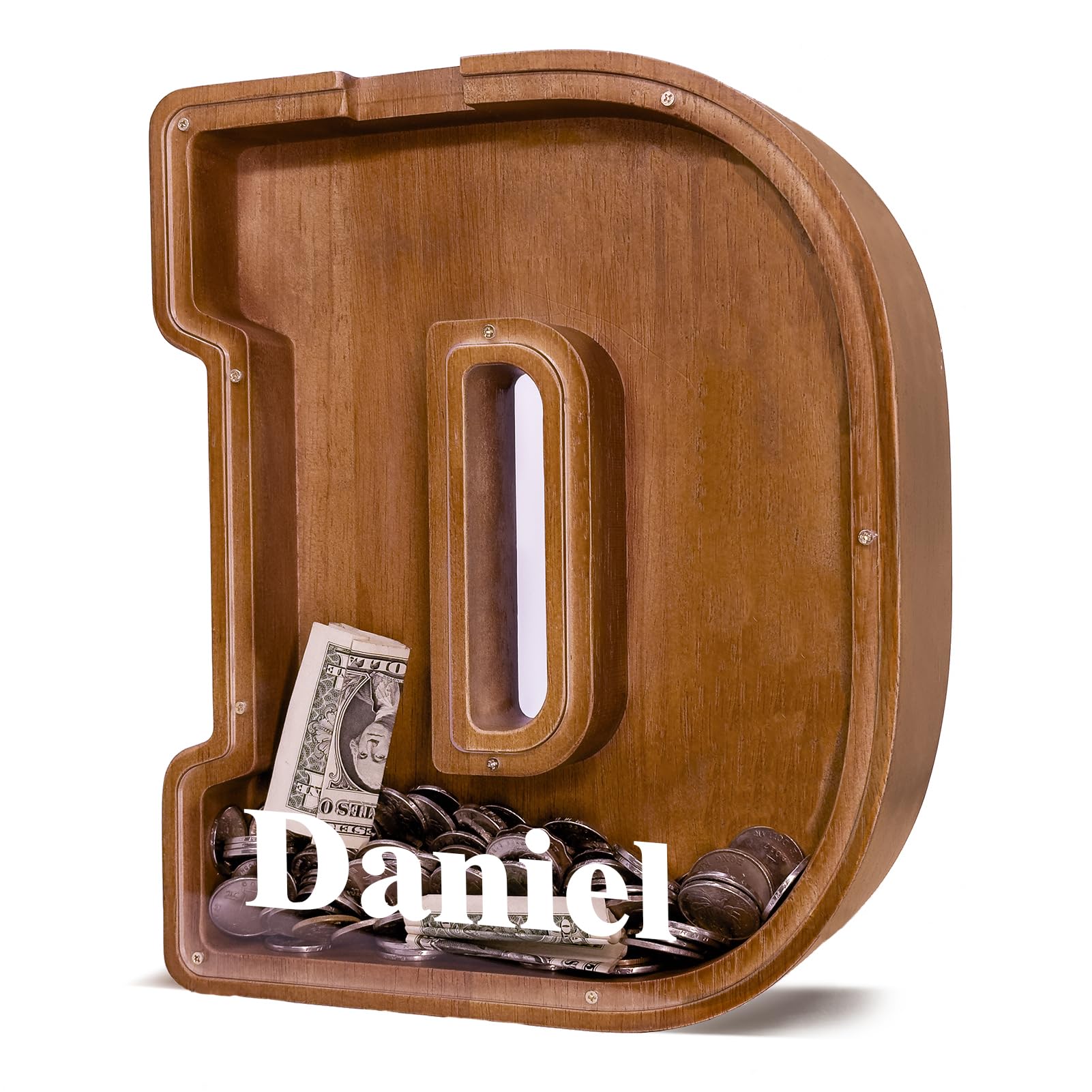JOOMLAFLY Personalized Wooden Letter Piggy Bank for Kids - Larger Initial Coin Bank for Boys and Girls - Customized Wood Money Bank for Birthday and Festival â image 1
