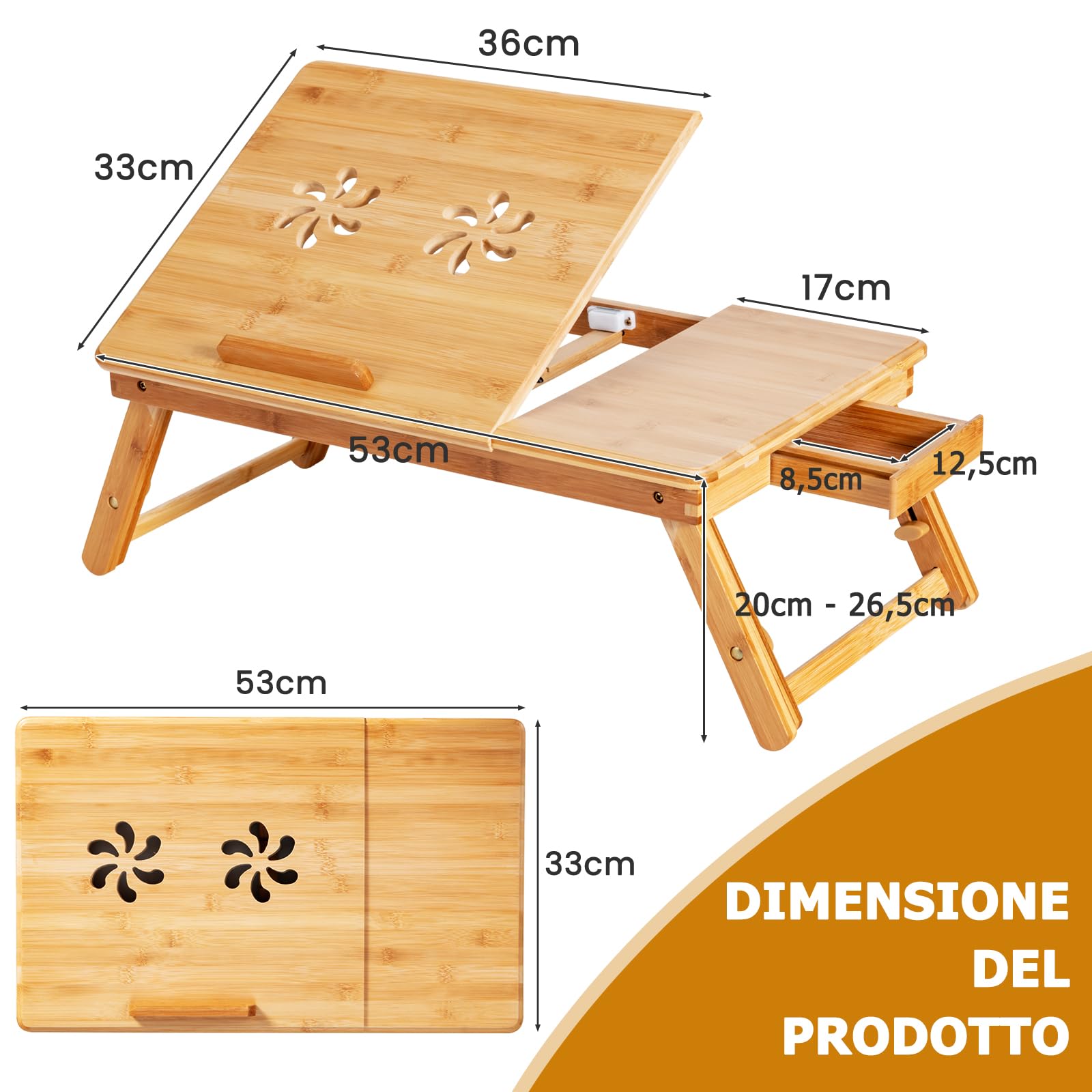 GYMAX Tavolino per Computer Portatile in Bambù con Piano Inclinabile a 4 Livelli e Cassetto, Tavolo Pieghevole con Altezza Regolabile, Fori di Raffreddamento, Supporto per Computer (Naturale)