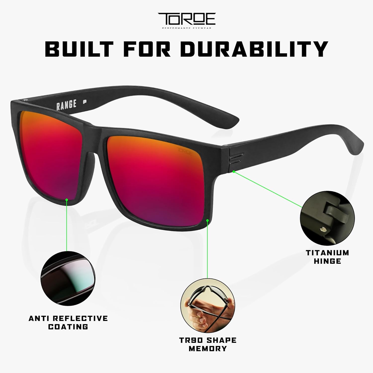 TOROE Matte Black TR90 Frame RANGE Polarized Colored Mirror SR+ Sunglasses For Outdoor Performance Sports w PC lenses - Image 4