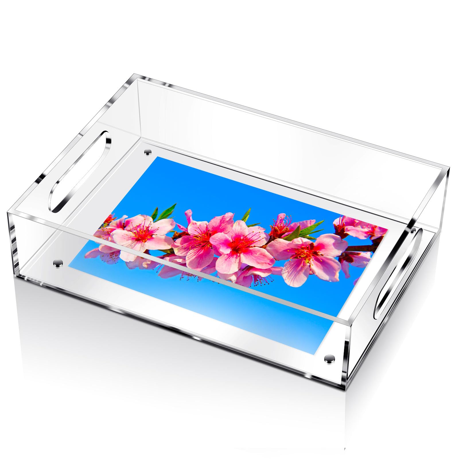 Tiangrid 1 Pcs Acrylic Serving Tray with Magnetic Mat –Customizable for Photos Artworks Clear Tray for Gifting and Serving Spill Proof Countertop Organizer for Bathroom Home Office (6.5