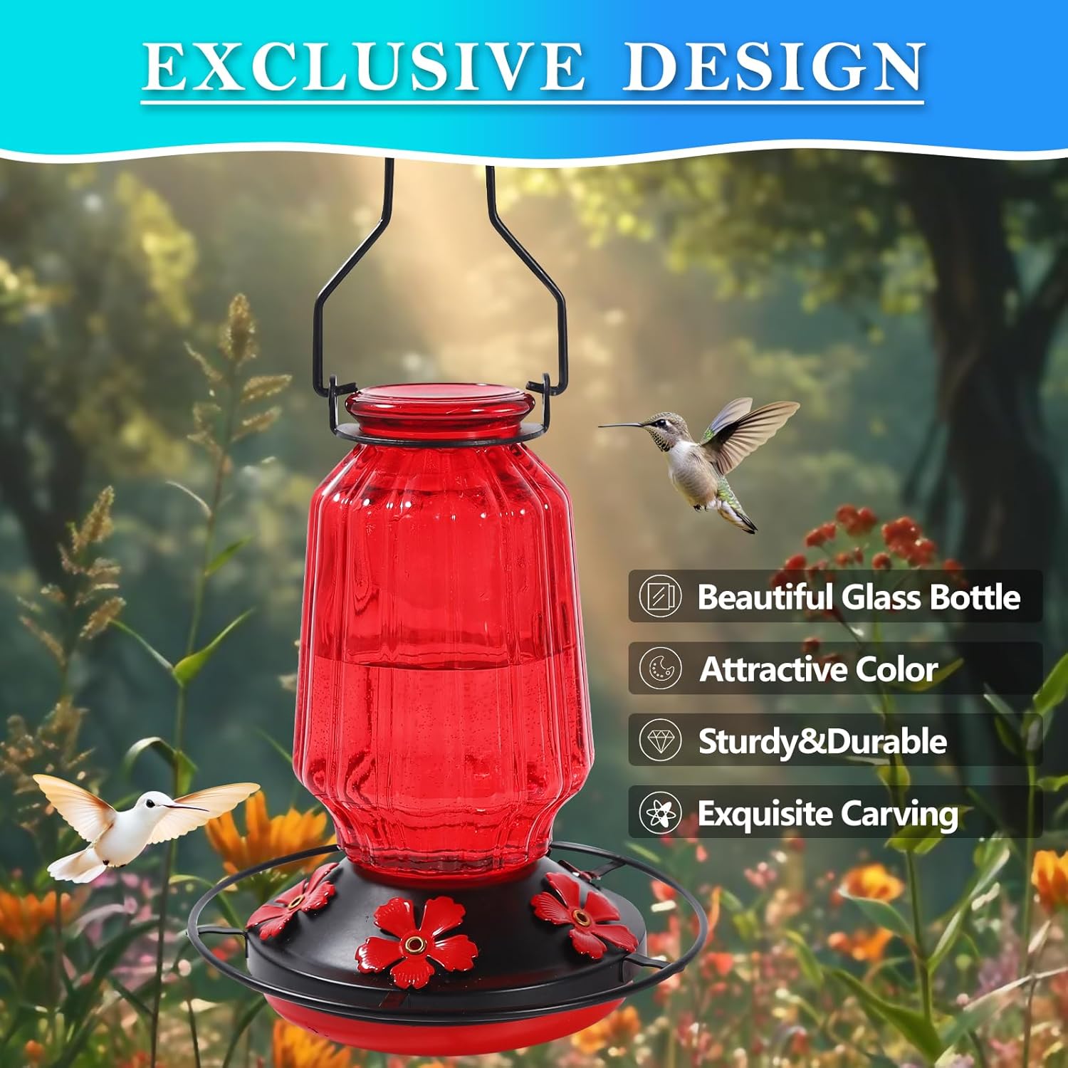Glass Hummingbird Feeder for Outdoors Hanging, 16Oz Bird Nectar Feeder with Perch & 5 Flower Feeding Ports, Leak Proof for Outside Garden Decor Backyard, Gifts for Women Mom, Red - Image 7