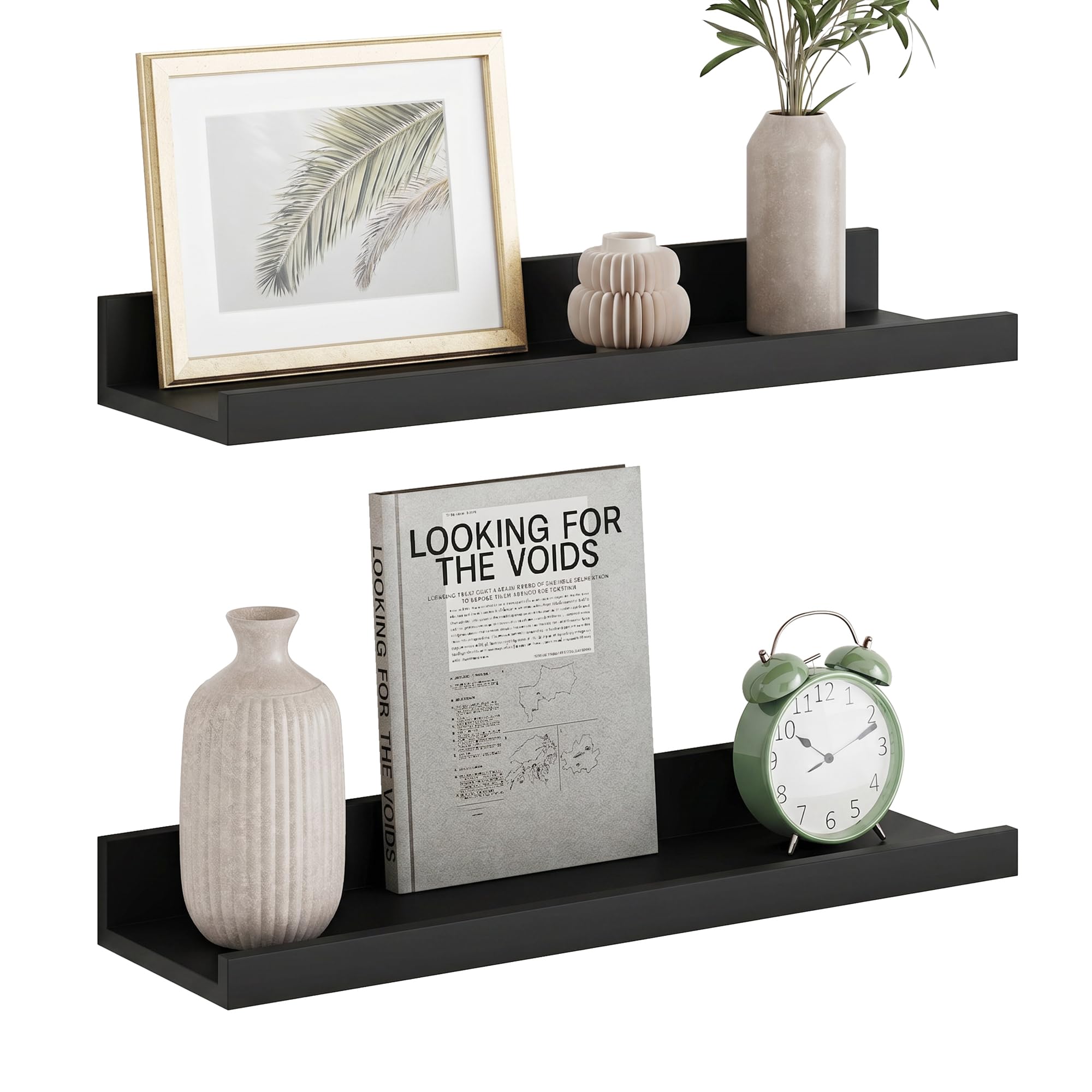Floating Shelves set of 2, 40cm Wall Shelves, Black Shelves for Photo Frames Picture Books, Wooden Shelves for Wall Mount, Floating Shelf for Kitchen Bedroom Living Room Bathroom Nursery, Wall Décor