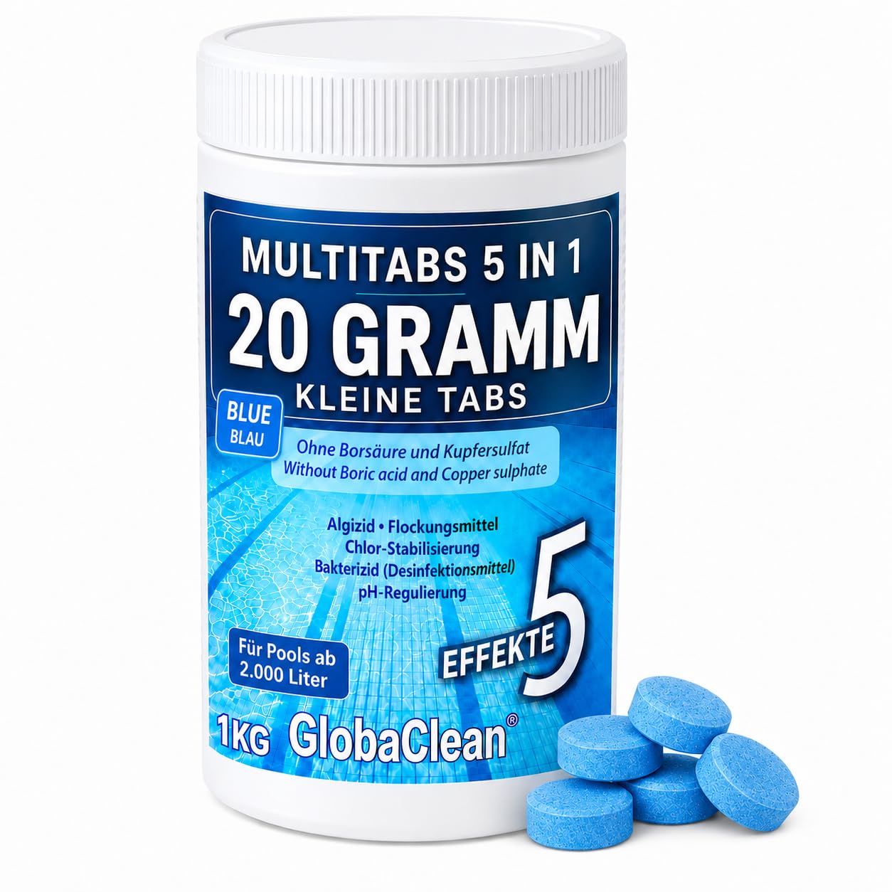 Multitabs für Pool 5 in 1-20g (1kg) - Blue Edition - Premium Chlortabletten für kristallklares Poolwasser - Langzeit Chlor Tabs zur Algenbekämpfung & optischen Wasserveredelung