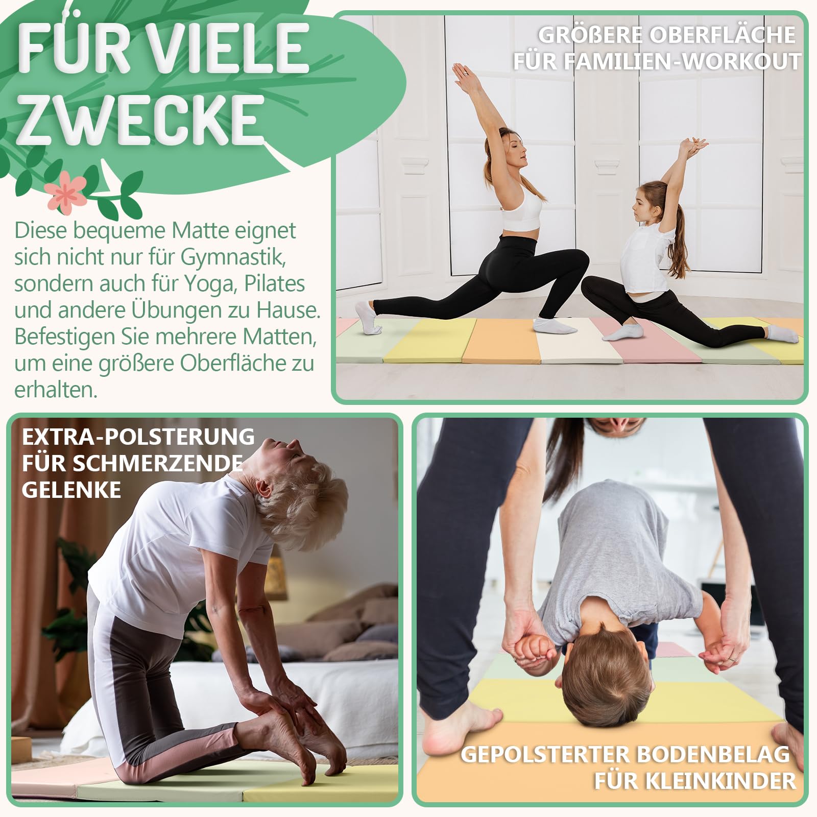 PhysKcal Tapis de gymnastique pliable à 5 panneaux avec poignées | 195 x75 cm. Rembourrage épais. Tapis de sport idéal pour yoga, pilates, gymnastique, tumbling à domicile.