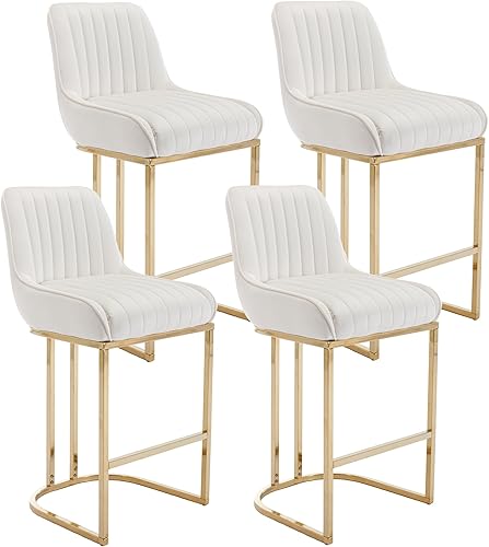 Miniatura 50 de Juego de 2 taburetes de bar de terciopelo beige de 26 pulgadas, modernos taburetes de mostrador con respaldo/patas doradas, sillas de bar tapizadas,