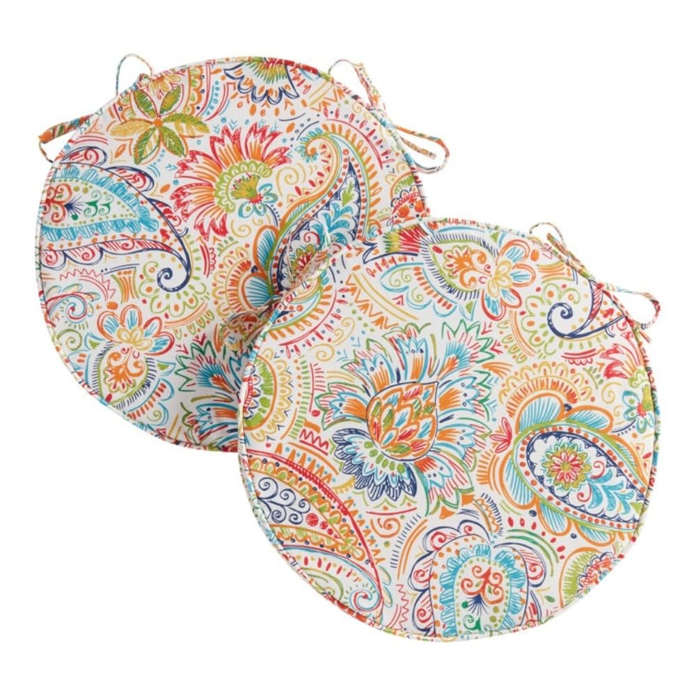 Set of 2 Round White & Multi Color Outdoor Patio Dining Chair Cushions with 2 Ties | 18'' W X 18'' D X 2.5'', UV Water Fade Stain Resistant | Box Edging with Cord Trim, Zipper Closure Removable Cover