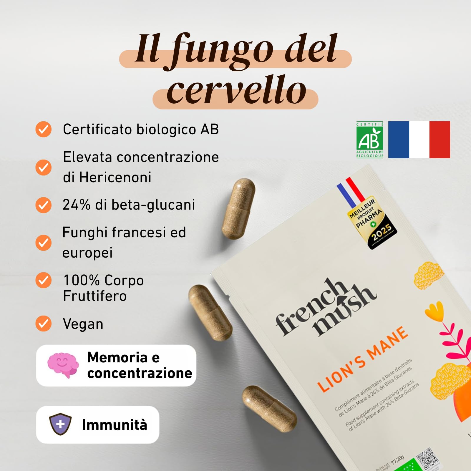 French Mush Lion's Mane Bio 8000 mg - 168 Capsule | Concentrazione, Umore, Criniera di Leone, Hericium erinaceus, Formato 3 Mesi, Testato in Laboratorio, Made in France