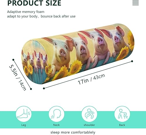 Miniatura 3 de Almohada cervical de espuma viscoelástica para aliviar el dolor, cerdo dormido, girasol, almohada redonda con funda extraíble lavable para soporte