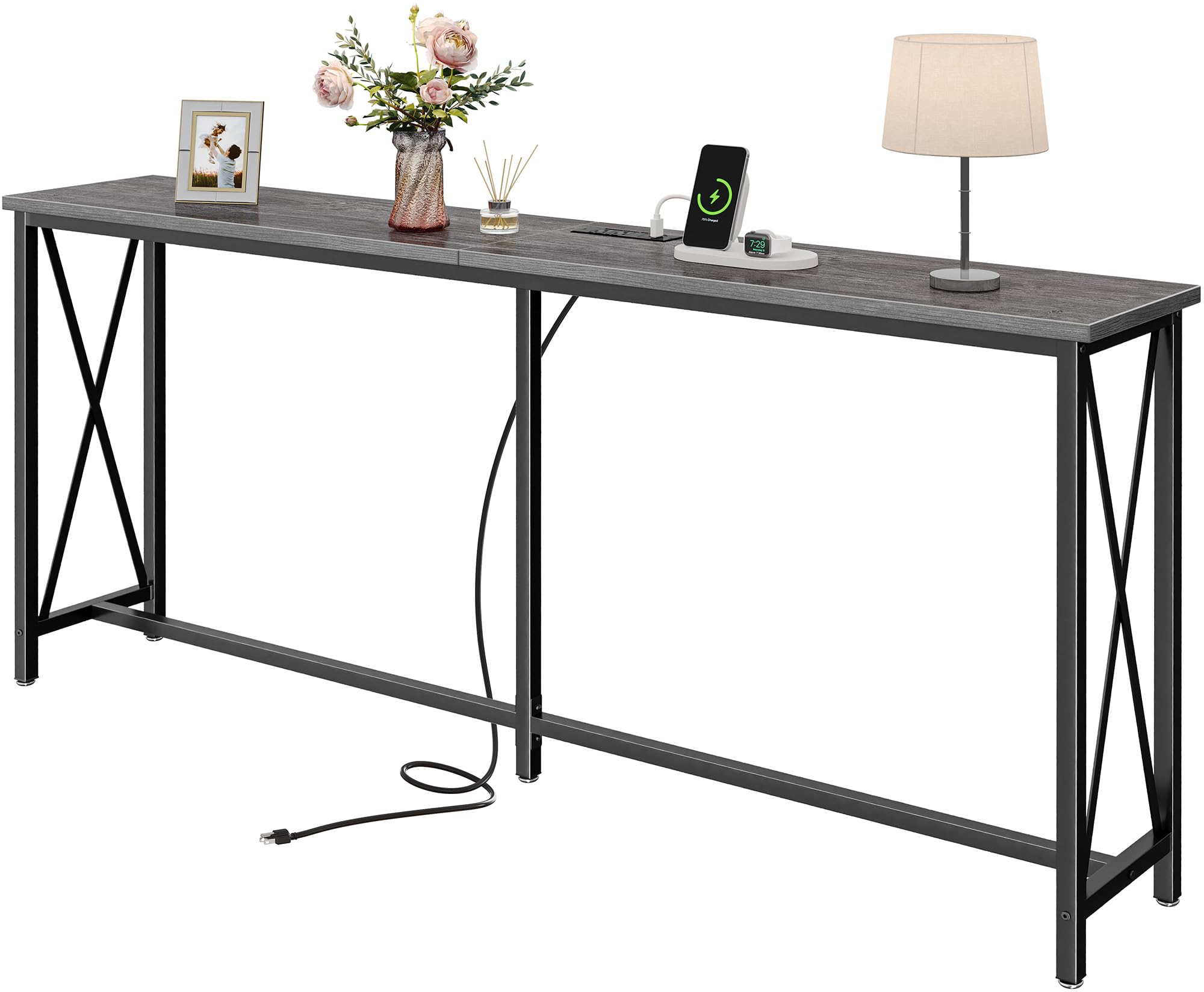 SUPERJARE 70 Inch Console Table with Outlet, Extra Long Sofa Table with Charging Station, Couch Table Behind Sofa, Foyer Tables for Entryway, Living Room - Gray