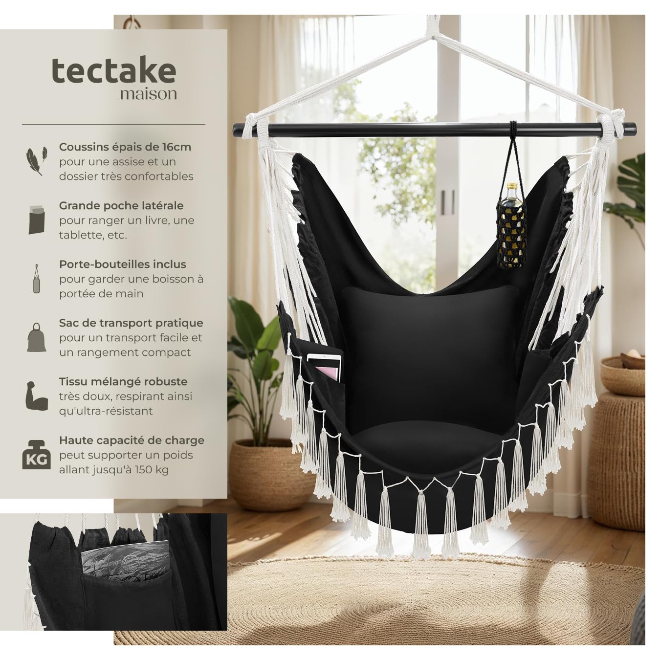 tectake® Fauteuil Suspendu Hamac Intérieur & extérieur, Fauteuil Relax, Fauteuil de Lecture 1 Place Balancelle, 2 Coussin Chaise Inclus Decoration Salon cocooning Jardin