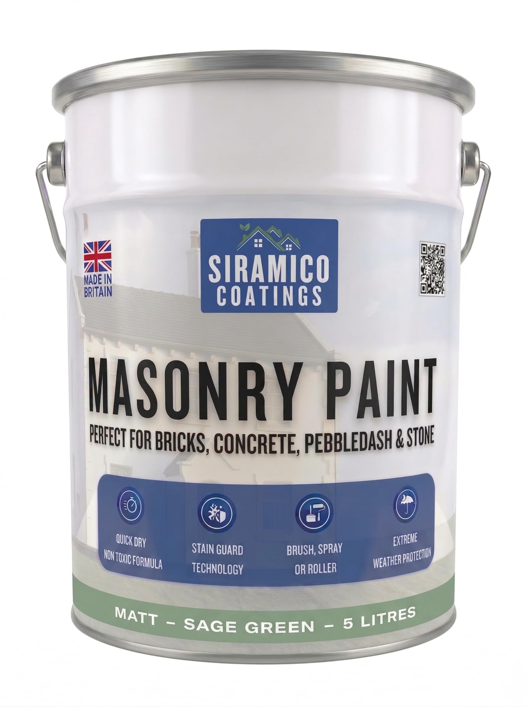 SIRAMICO COATINGS Masonry Paint | 5 Litres | Waterbased ECO Resin Technology | 7 Luxury Colours | Smooth Matt Finish for outdoor masonry protection | 10 Year Colour Guarantee (Sage Green)
