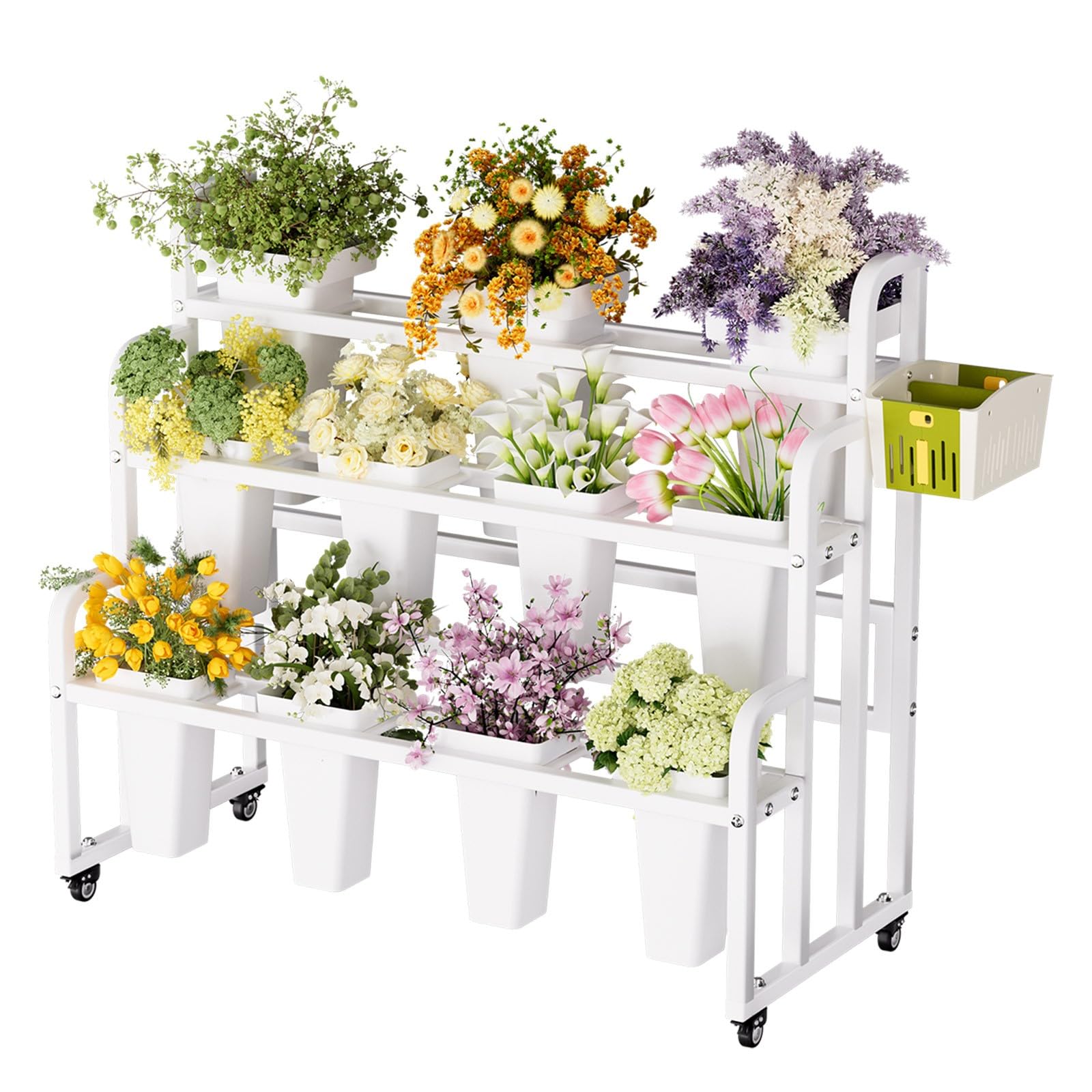 ACLFF 3 Tier Metal Tiered Plant Stand, Rolling Flower Cart with Lockable Wheels, Storage Basket