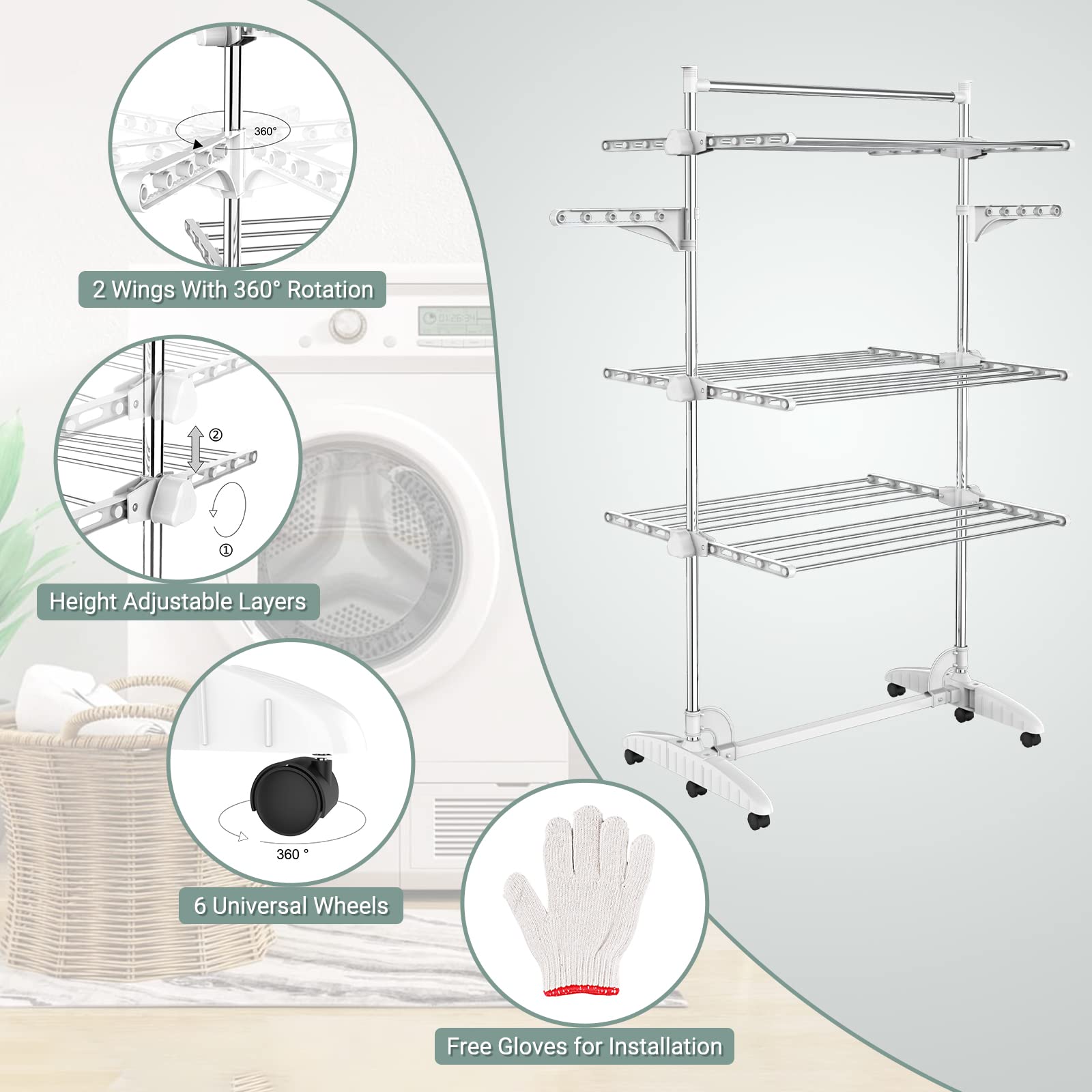 Todeco - Etendoir à Linge, Etendage à Linge - Matériau: Tubes en Acier  Inoxydable - Charge maximale: 3 kg par Barre de Support - 4 étagères