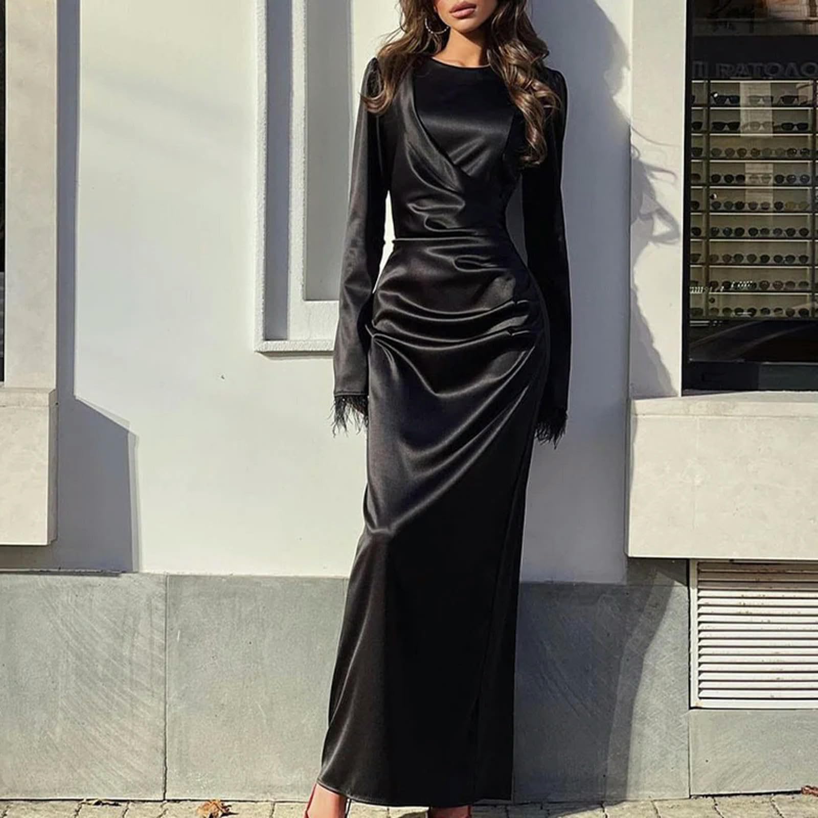Robe Longue en Satin pour Femmes, élégante, col Ras du Cou, Slim, Moulante, Couleur Unie, Dos Fendu, Robe de soirée, Automne, Manches Longues, Plumes, Maxi, Printemps