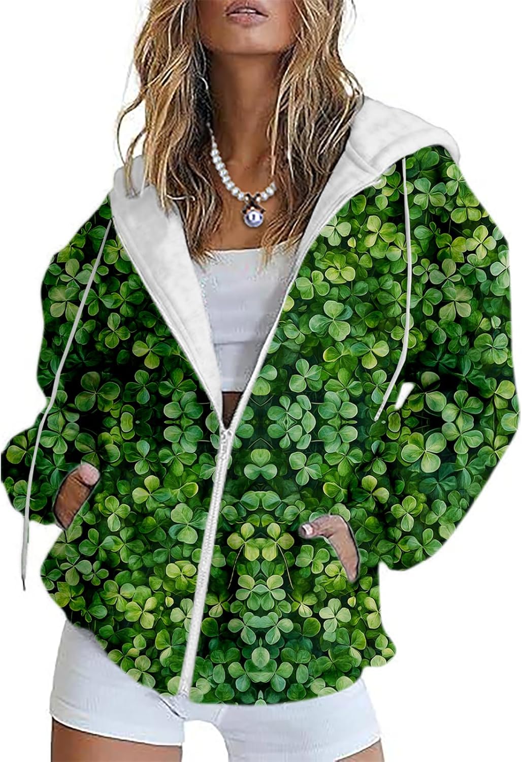 Green Hoodies For Women Shamrock Graphic Zip Up Long Sleeve Drawstring Hooded Sweat...