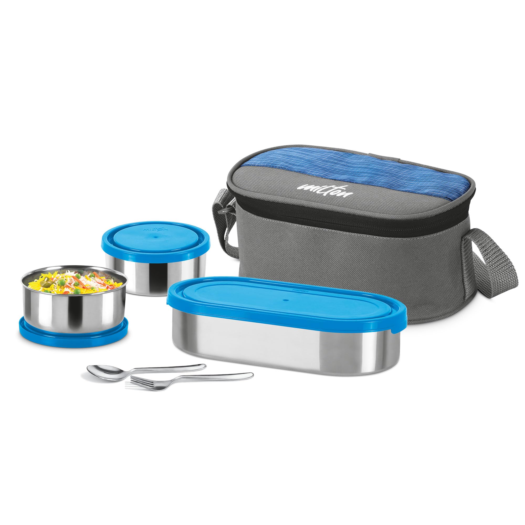 MILTON Master Lunch Max (3 Microwave Safe Inner Steel Containers,1 x 675 ml, 2 X 280 ml Each) with Insulated Fabric Jacket, Blue | Lunch Box | Light Weight | Leak Proof | Easy to Carry | Food Grade (B0D5HYB7YH) Amazon Price History, Amazon Price Tracker